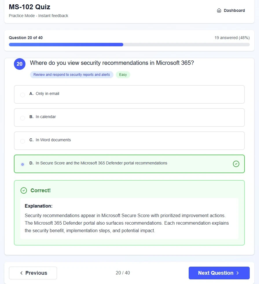 Microsoft certification practice question with instant feedback and detailed explanation - MSCertQuiz MS-102 AZ-900 exam prep